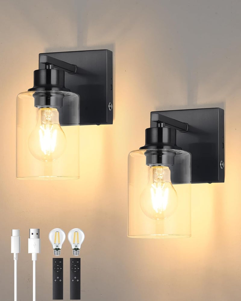 Rayogale Battery Operated Wall Sconce Set of 2, Black Rechargeable Wall Lights with Timer Function, Easy Install Dimmable Wireless Wall Lamps for Living Room, Bedroom, Hallway, Entryway Decor 3000K - Image 1